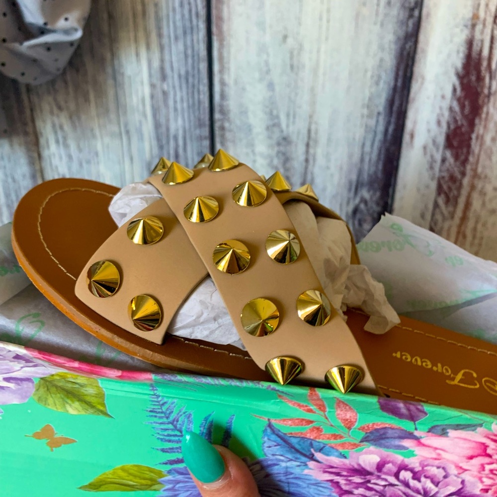 Taupe and gold spiked Sandals / Slides NWT